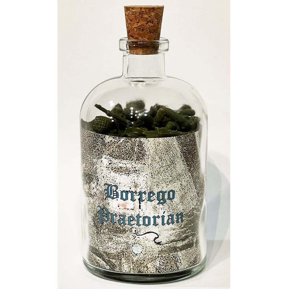 <br/>Borrego Praetorian, 10/9/2025<br/>Apx 6½" x 3" x 3"<br/>glass, paper, ink, cork and plastic